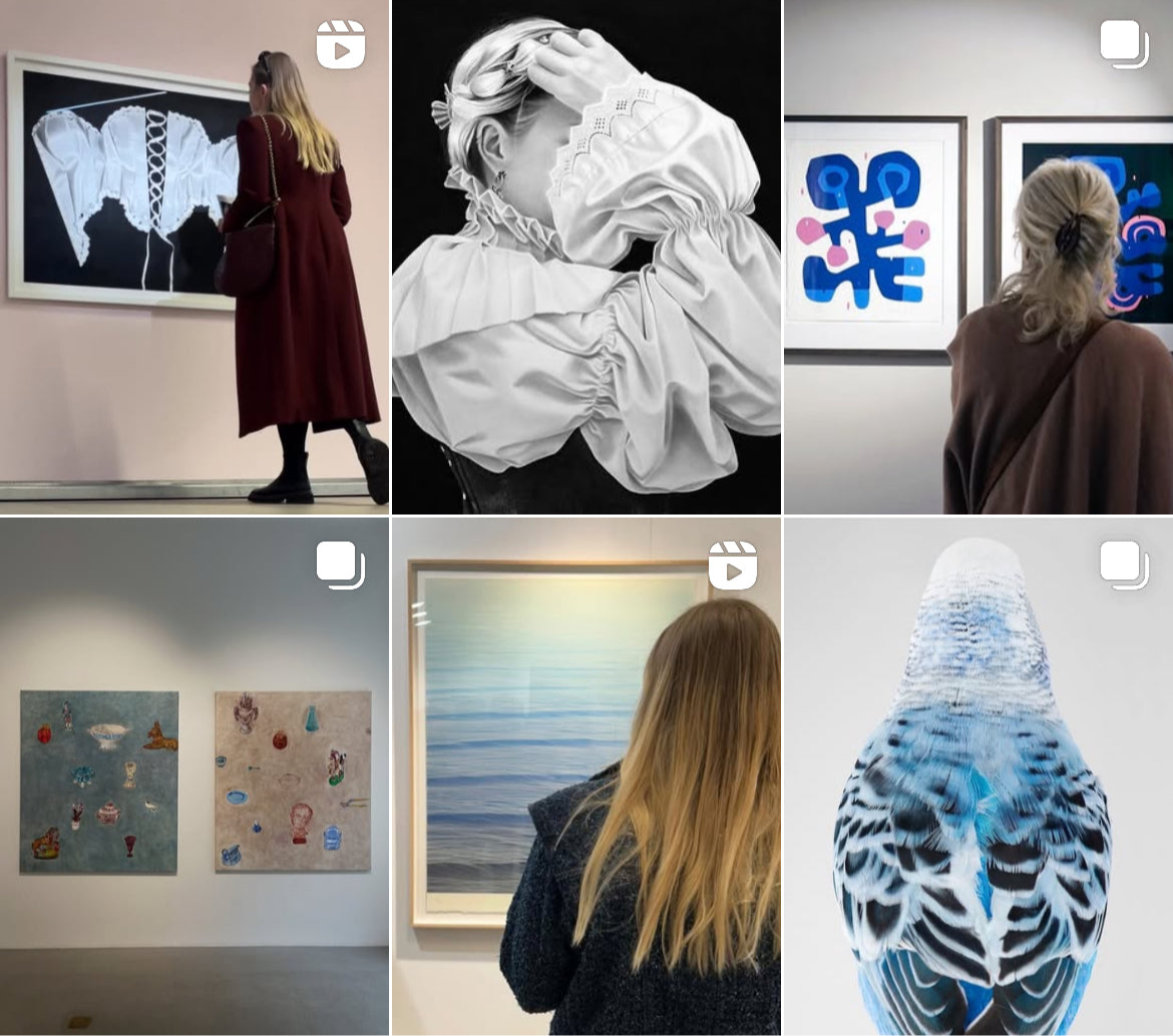 En överblick över galleriet Maria Vulfovitch Gallerys instagramprofil där galleristen syns gå på utställningar och titta på verk