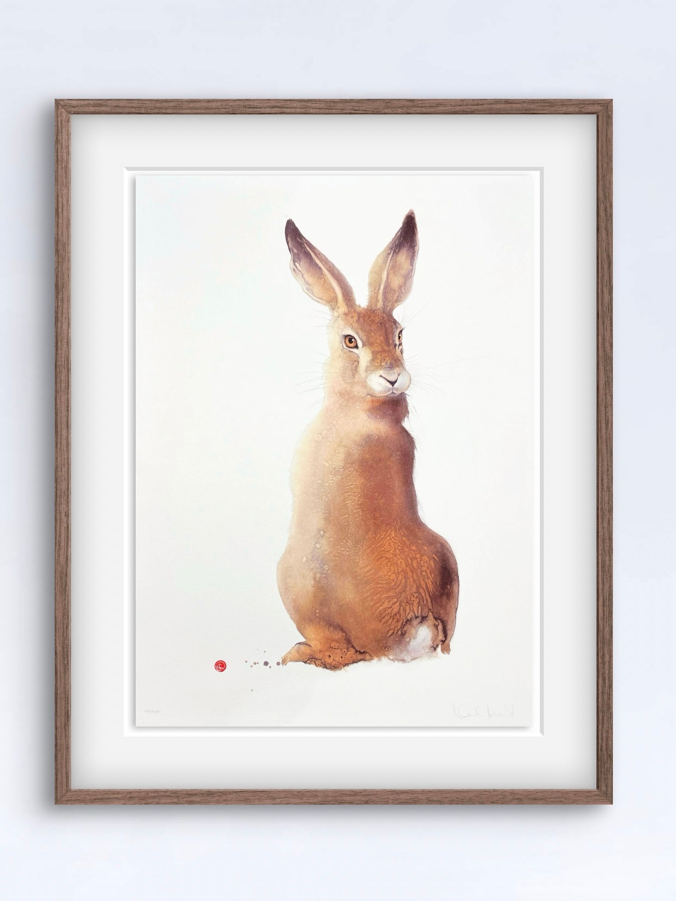 Ett unikt litografiskt tryck av en Fälthare skapat av den välkända konstnären Karl Mårtens - Motivet är i varma toner mot en vit bakgrund och en passande inramning med ljus ram i valnöt som skapar ett rogivande och klassiskt motiv. 