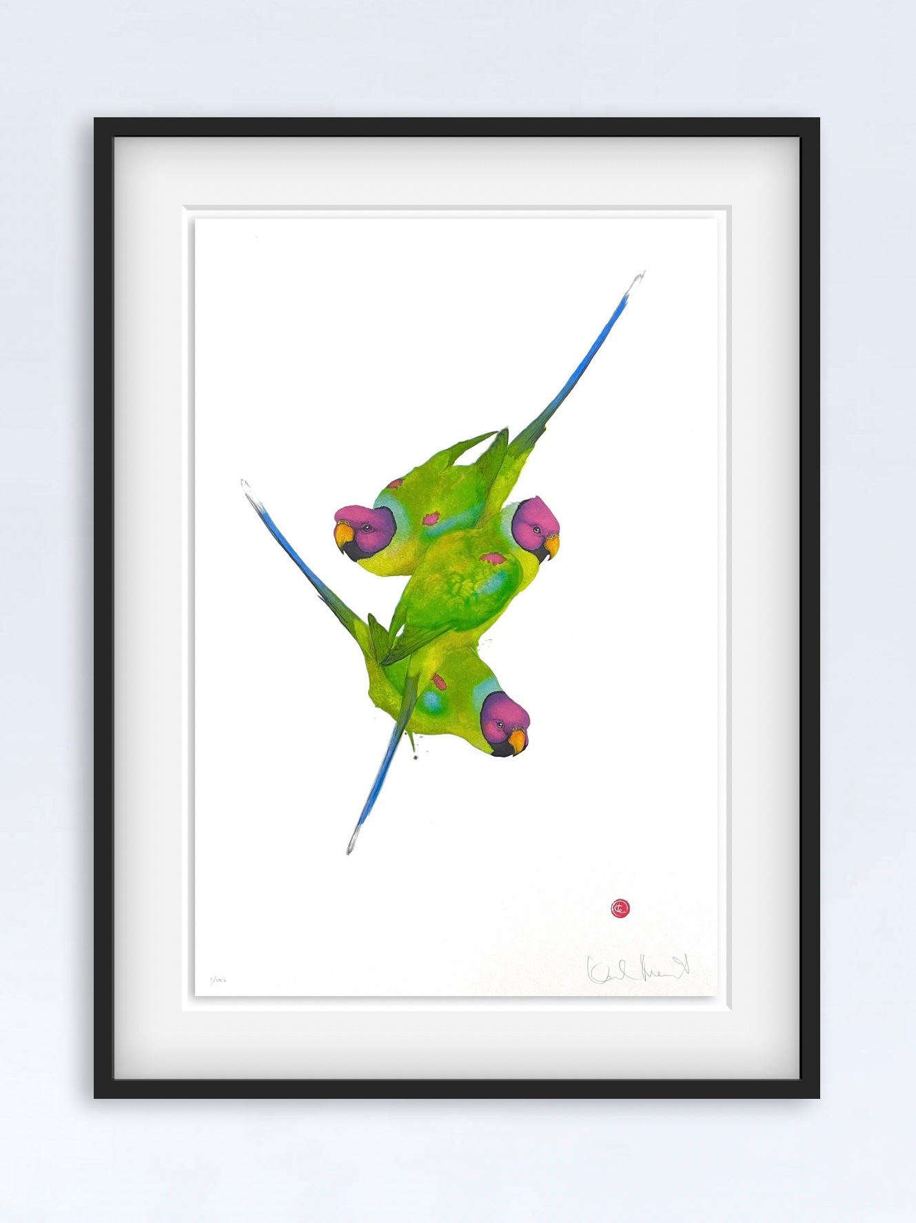 Litografi Plommonhuvad parakit av Karl Mårtens – tryckt i begränsad upplaga, fågelmotiv i kalligrafisk stil