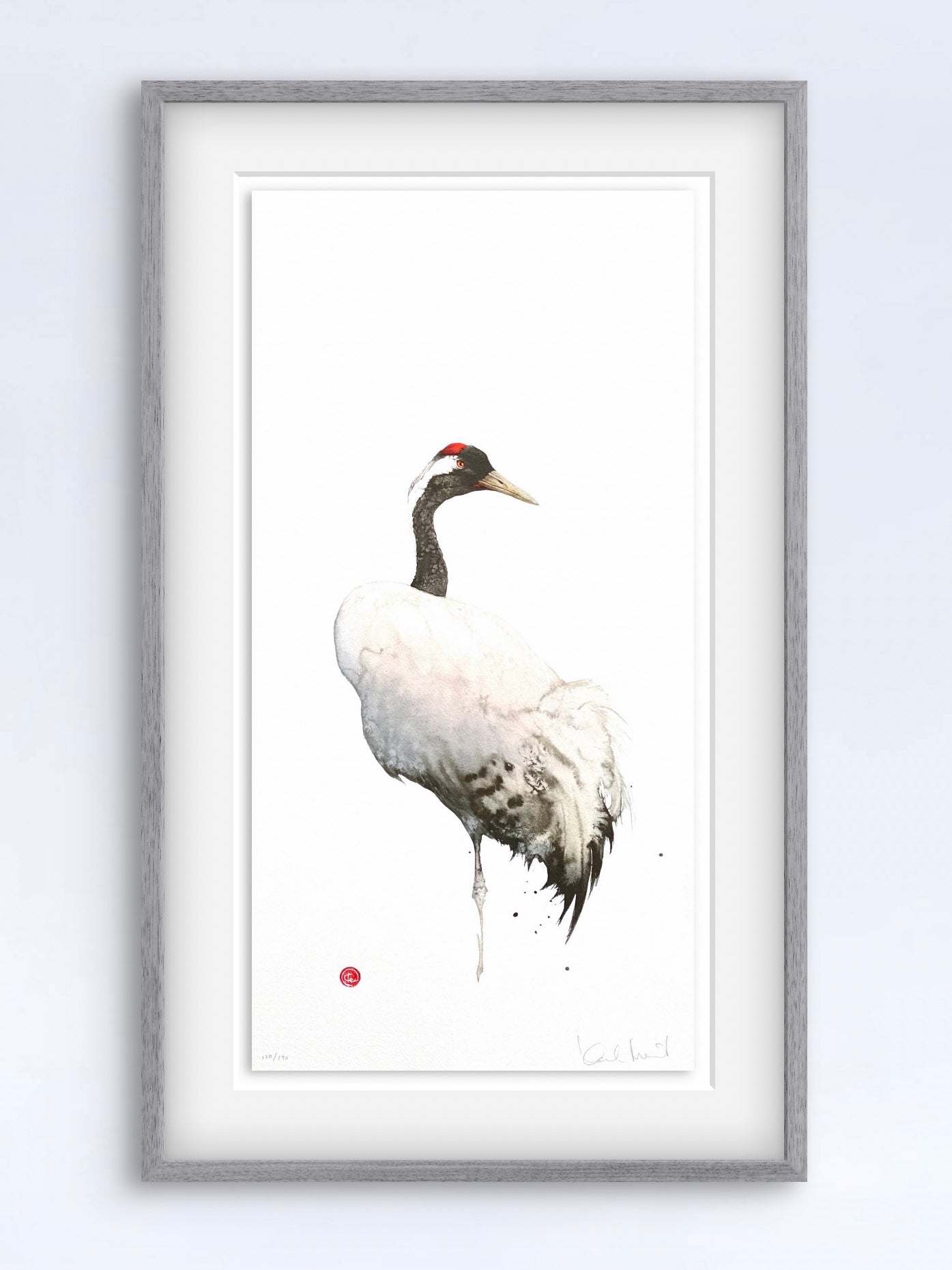 Litografi "Trana" av Karl Mårtens – tryckt i begränsad upplaga, fågelmotiv i kalligrafisk stil