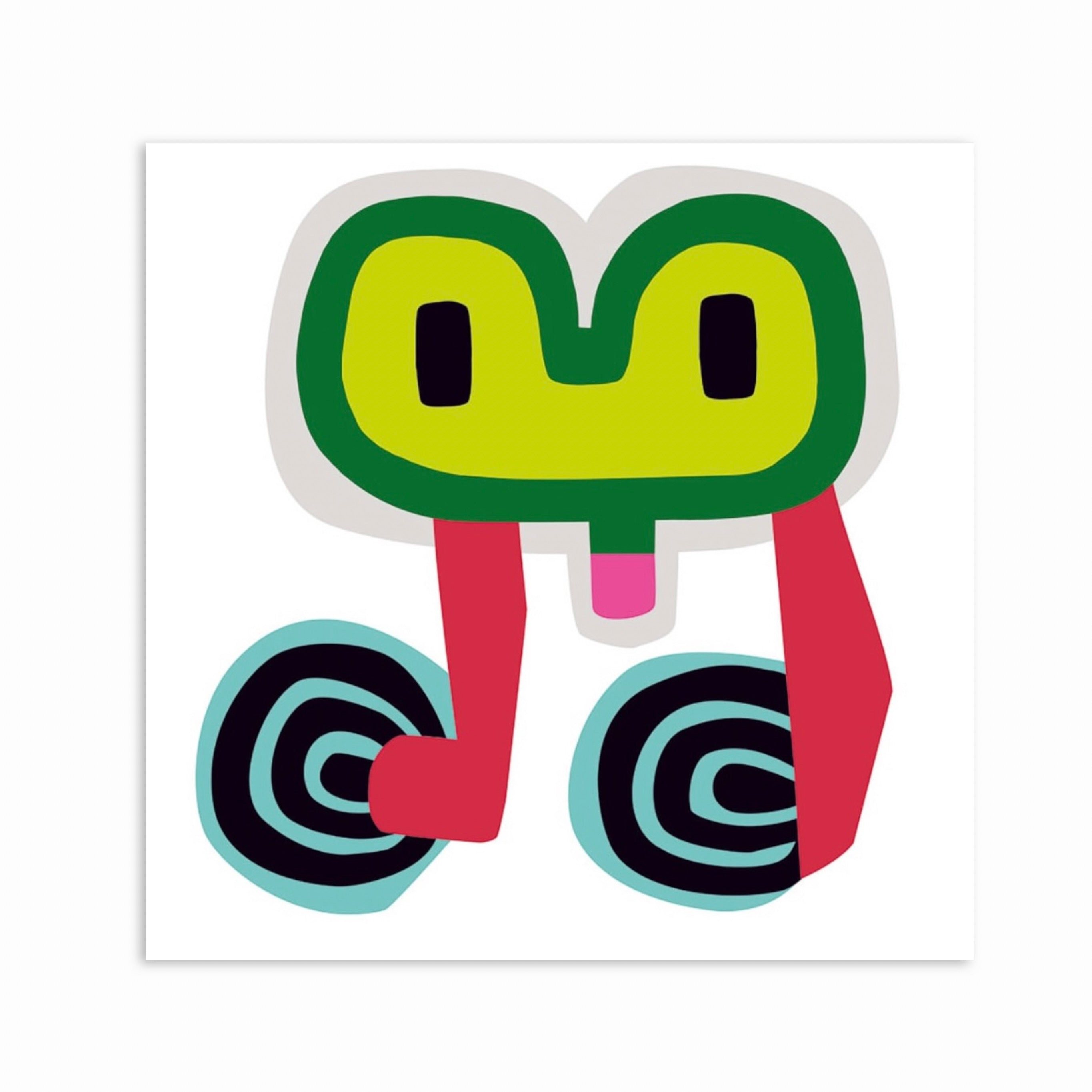 Bild på ett abstrakt och geometrisk figur i grön, lime, rosa och svart mot vit bakgrund