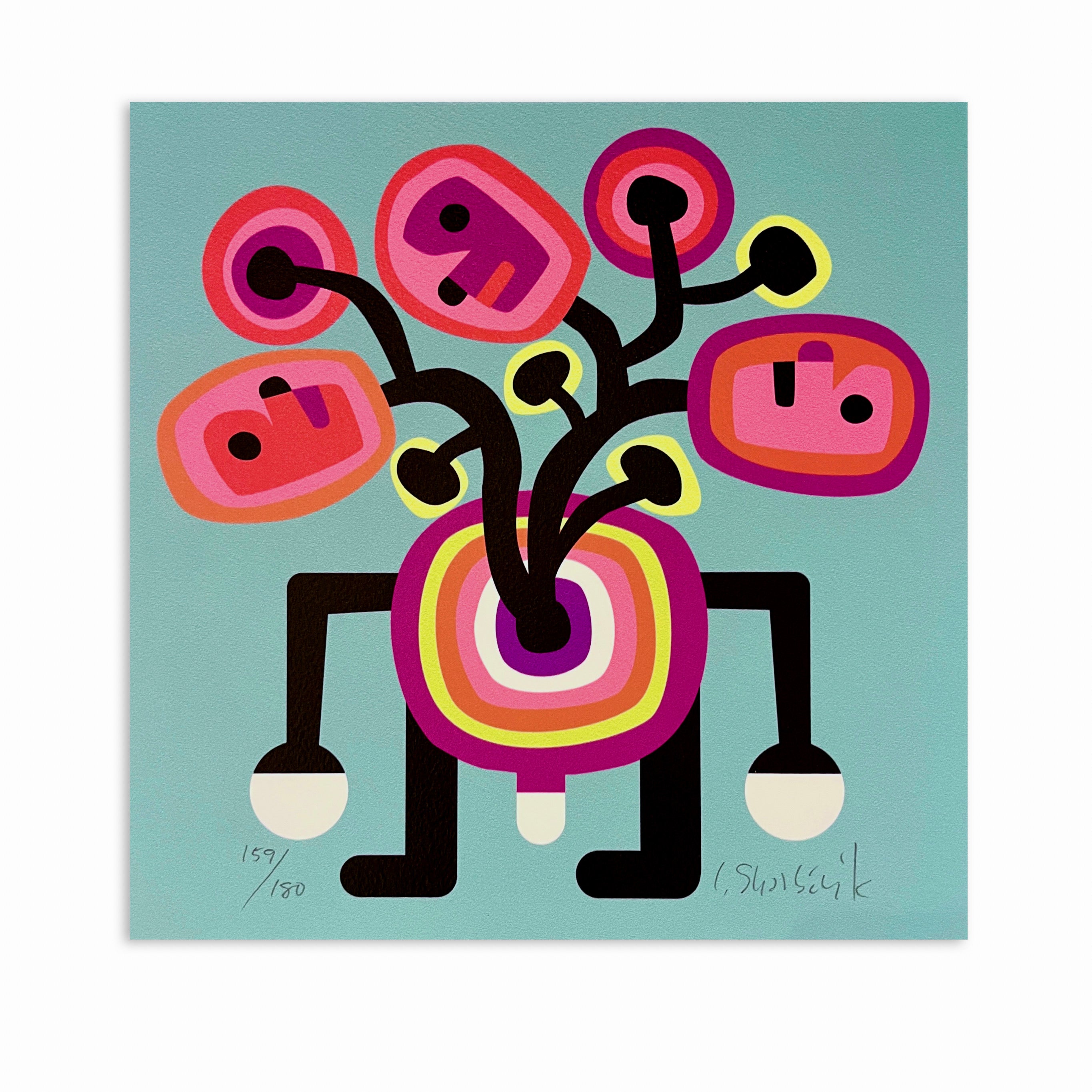 Bild på ett abstrakt och geometrisk figur med tre huvuden i svart, rosa och gul  mot turkos bakgrund
